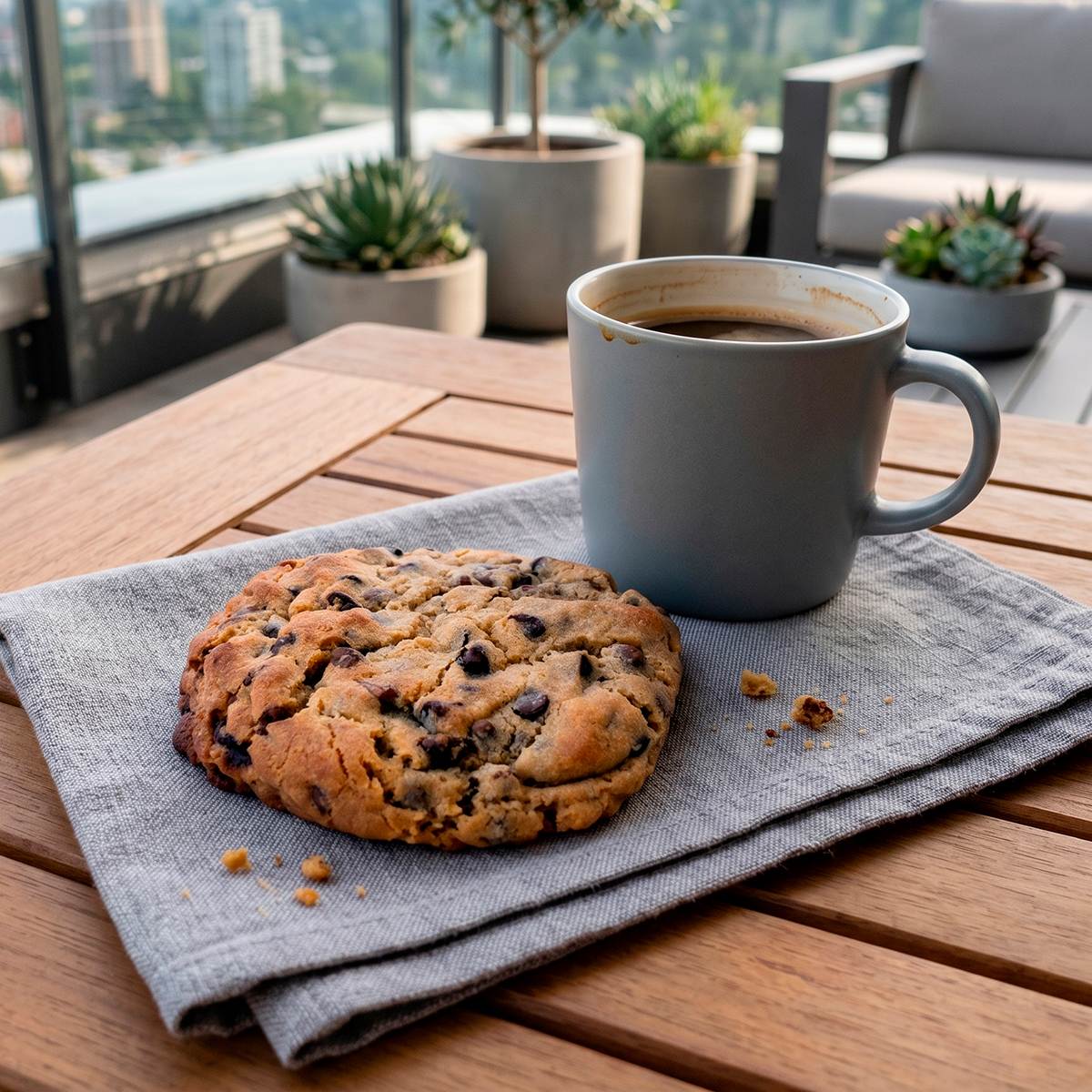 Cookie Milalevain con pepitas de chocolate sobre servilleta de lino junto a una taza de café en terraza exterior